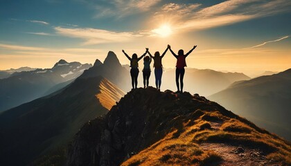 Peak triumph silhouettes a top mountain, joyous group celebrates team success , embodying shared victories, harmonious collaboration, euphoria of collective achievement in nature's majestic embrace.