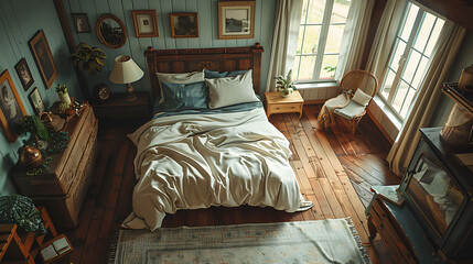 Overhead view of a farmhouse-style bedroom with rustic charm, modern interior design, scandinavian style hyperrealistic photography