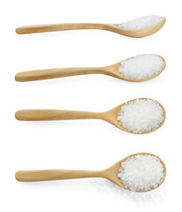 Set of natural salt in spoon isolated on white, side and top views