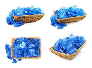 Blue medical shoe covers in baskets isolated on white, set