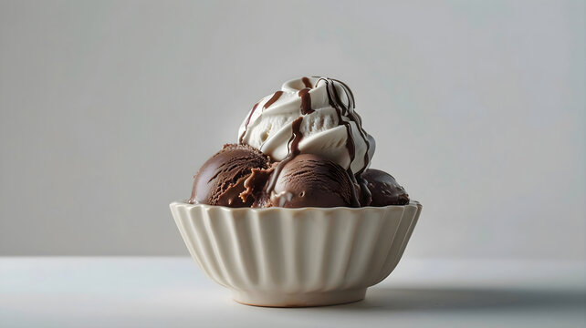  Delight in the elegance of vanilla and chocolate ice cream, skillfully presented in a stylish  cup, its tempting allure enhanced by the simplicity of a white background. 
