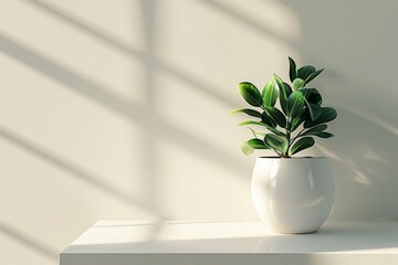 Potted plant on a shelf with sunlight casting shadows on a white wall.