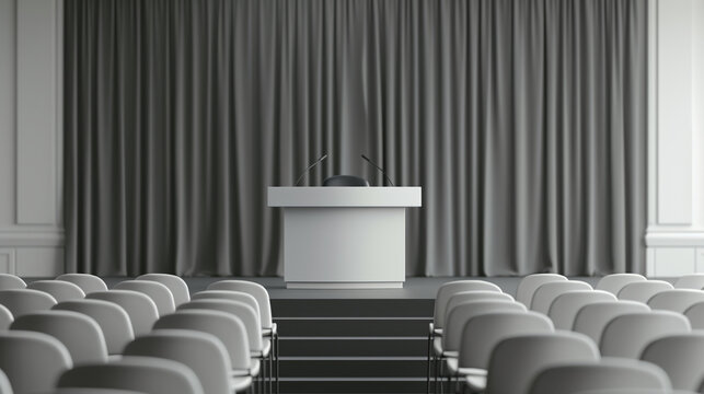 A white podium set up for a press conference in the large siminar hall