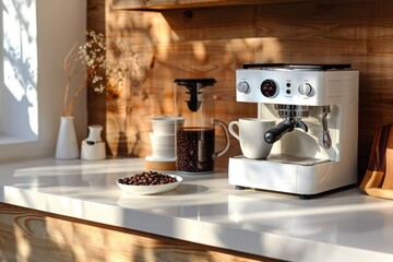 Espresso machine on counter with coffee beans, cup, and accessories in a sunny kitchen.