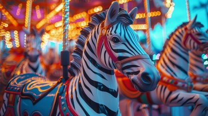 Luminous closeup of carousel zebras, circus parade with clowns and jugglers in soft light