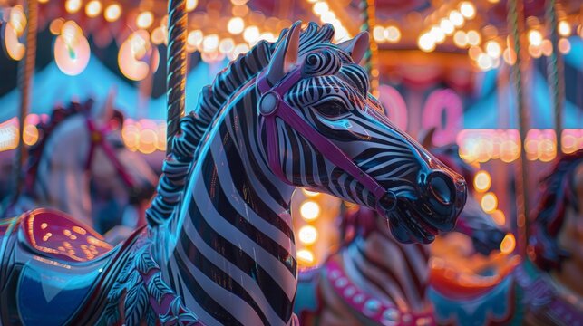 Luminous closeup of carousel zebras, circus parade with clowns and jugglers in soft light