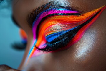 Close-up of colorful feather makeup around an eye. - obrazy, fototapety, plakaty