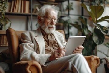 Fototapeta na wymiar Elderly man with a beard using a tablet while sitting in an armchair.