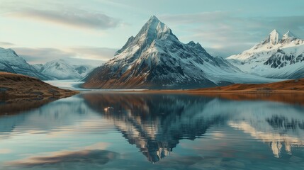 A majestic mountain peak with snowcapped peaks reflecting in the clear blue water of a beautiful lake - obrazy, fototapety, plakaty