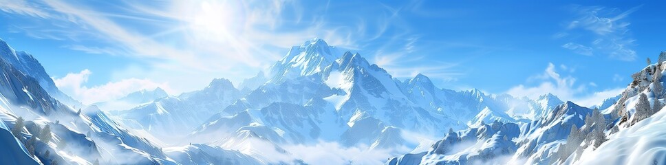 A panoramic view of snow-covered mountains against a blue sky