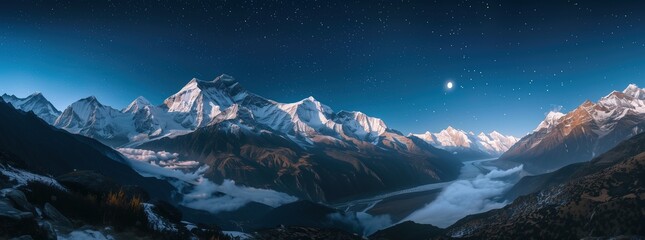 A panoramic view of the mountains at night, with snow covered mountains and stars in the sky, illuminated by moonlight.  - obrazy, fototapety, plakaty