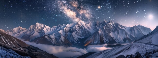 A panoramic view of the mountains at night, with snow covered mountains and stars in the sky, illuminated by moonlight.