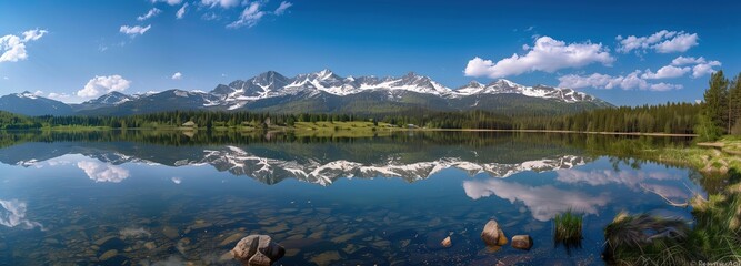 Beautiful panorama of a mountain lake in the foreground, a coniferous forest in the background and snowcapped mountains against a blue sky