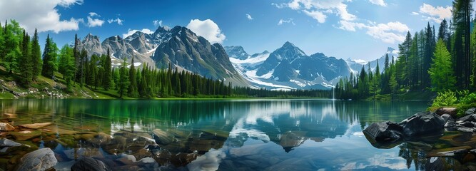 Beautiful panoramic view of a mountain lake in summer with a forest and snowcapped mountains in the background