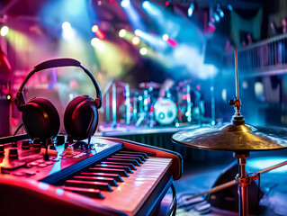 Musical instruments used for mixing sound on a concert stage that is in a pub or entertainment...