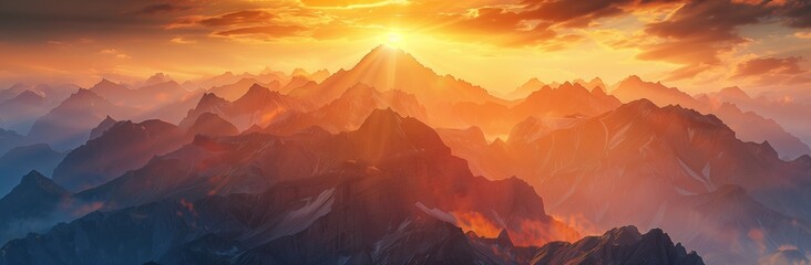 panoramic aerial view of a dramatic summer sunset over the sharp mountain peaks with golden light and clouds in the sky - obrazy, fototapety, plakaty