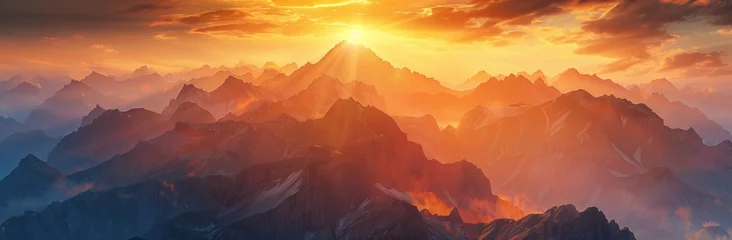 Tableaux ronds sur plexiglas Orange panoramic aerial view of a dramatic summer sunset over the sharp mountain peaks with golden light and clouds in the sky