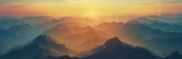 panoramic aerial view of the beautiful mountains at sunrise - obrazy, fototapety, plakaty