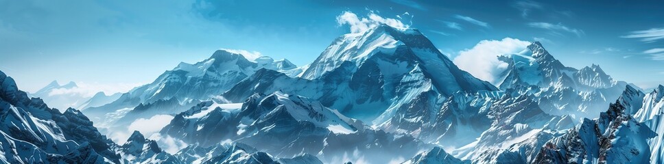 panoramic view of snow covered mountains against blue sky, view of snowy mountain peaks with sharp rocks and glacial ice on the top of the peak, winter landscape on a pretty sunny day - obrazy, fototapety, plakaty