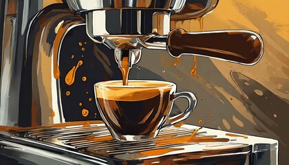 Close-up of espresso pouring from coffee machine. Professional coffee brewing illustration