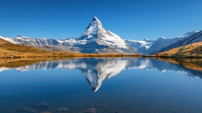 a mountain peak with reflection in the lake, a clear blue sky, a sunny day, golden hour lighting, snowy mountains in the background
