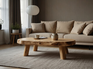 Scandinavian Serenity, Fashionable Living Room with Rustic Log Coffee Table and Beige Fabric Sofa