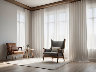 Fototapeta premium Contemporary Elegance, Large White Light Filtering Curtains with Modern Armchair