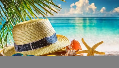 Tropical beach with sunbathing accessories, summer holiday background - obrazy, fototapety, plakaty