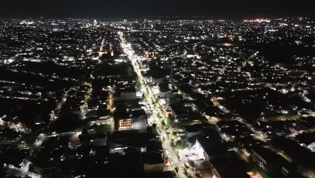 View of the Banjarmasin city from a drone during the night