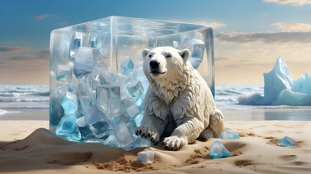 "Artistic Image, A surreal depiction of an ice cube sculpture on sand with a detailed polar bear inside, Surrealism art style with dreamlike elements, Inspired by surreal paintings, High resolution, D