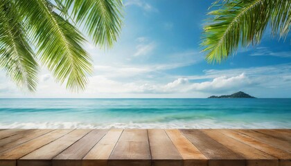 Top of wood table with seascape and palm leaves, blur bokeh light of calm sea and sky at tropical beach background. Empty ready for your product display montage. summer vacation background