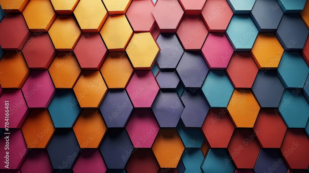 Poster vibrant hexagon tiles, 3d clay render, creating a futuristic pattern