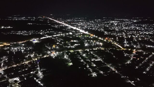View of the Banjarmasin city from a drone during the night