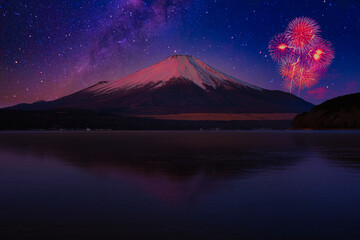 富士山と星空、花火合成 - obrazy, fototapety, plakaty