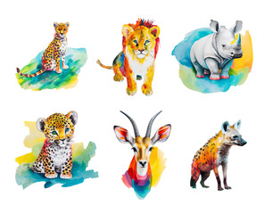 Fototapeta premium 透過背景 サファリの動物イラストセット／ライオン、チーター、ヒョウ、サイ、インパラ、ハイエナ
