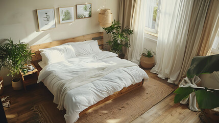 Overhead view of a minimalist bedroom with Scandinavian design elements, modern interior design, scandinavian style hyperrealistic photography