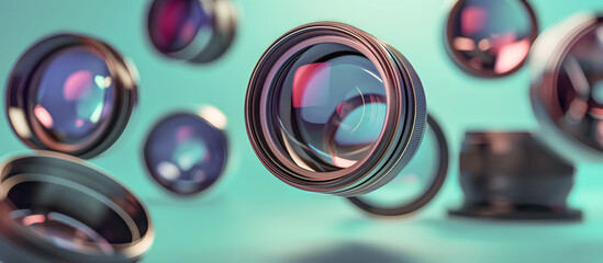 Artistic Display of Camera Lenses in Mid-Air