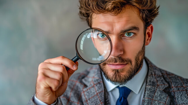 Inquisitive Young Businessman Entrepreneur Inspecting with Magnifier Glass - Concept for micromanaging, detailed analysis and focused leadership