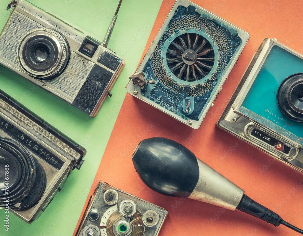 Poster retro electronics set. nostalgic collectibles from the past 1980s - 1990s. objects isolated on retro