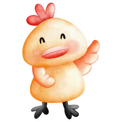 A cute cartoon chicken with a red comb and black feet, waving its wing.