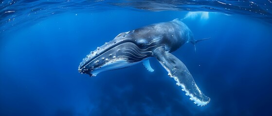 Majestic Humpback in the Blue Expanse. Concept Marine Life, Humpback Whales, Underwater Photography, Ocean Conservation