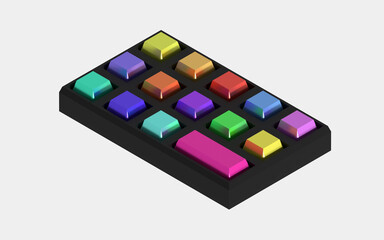 Colorful 3d keyboard design. Geometric cubes on board illustration. Realistic button template.  For technology, music, or computer related illustration.