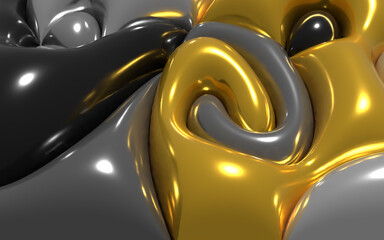 Abstract fluid gold and silver 3d background. Liquid shapes layout with shiny surface. Creative molten shapes design.