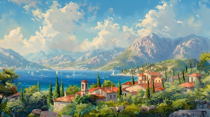 Oil painting of a small town on the Mediterranean Sea, mountains in the background, beautiful...
