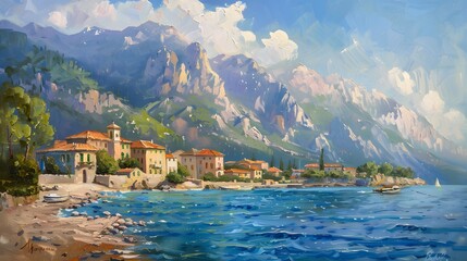 Fototapeta na wymiar Oil painting of a small town on the Mediterranean Sea, mountains in the background, beautiful summer weather.