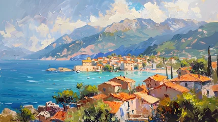 Store enrouleur tamisant sans perçage Europe méditerranéenne Oil painting of a small town on the Mediterranean Sea, mountains in the background, beautiful summer weather.