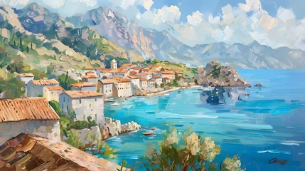 Cercles muraux Europe méditerranéenne Oil painting of a small town on the Mediterranean Sea, mountains in the background, beautiful summer weather.