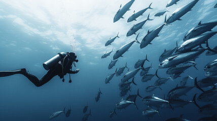 Diver among a school of fish underwater, blue tones. - obrazy, fototapety, plakaty
