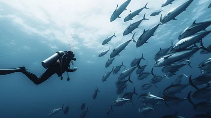 Fotobehang Diver among a school of fish underwater, blue tones. © Ritthichai