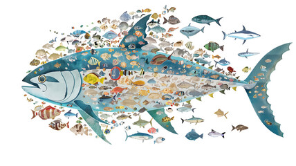 Illustration of various fish forming a larger fish shape, colorful and artistic